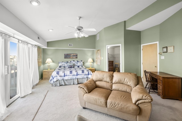 carpeted bedroom with lofted ceiling, a ceiling fan, visible vents, and access to exterior