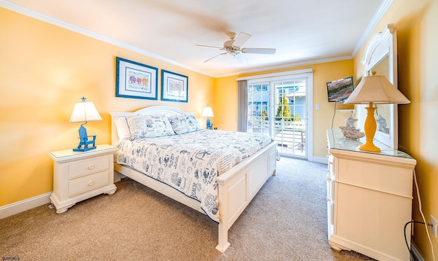 bedroom with baseboards, access to outside, ornamental molding, and light colored carpet