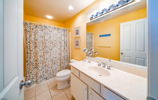 full bathroom with toilet, a shower with curtain, vanity, and tile patterned floors