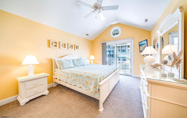 bedroom featuring light colored carpet, visible vents, baseboards, vaulted ceiling, and access to exterior