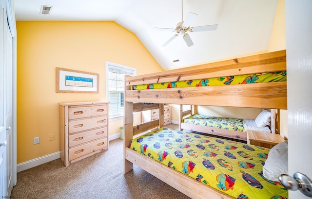 carpeted bedroom featuring vaulted ceiling, a ceiling fan, visible vents, and baseboards