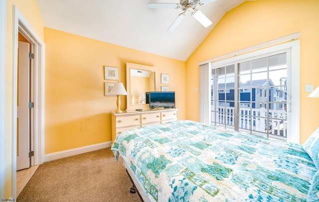 bedroom with ceiling fan, carpet flooring, access to exterior, vaulted ceiling, and baseboards