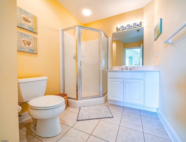 full bath featuring toilet, a stall shower, tile patterned flooring, and vanity