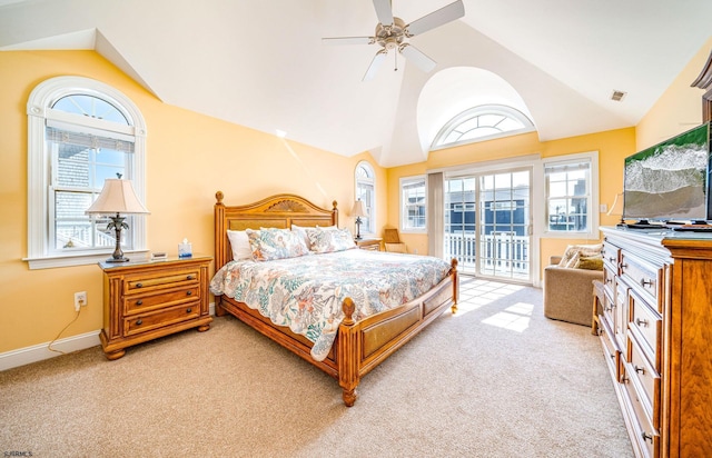 bedroom featuring access to exterior, lofted ceiling, light colored carpet, a ceiling fan, and baseboards