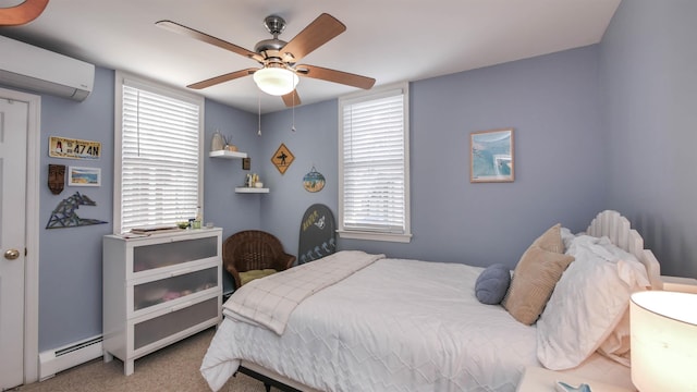 bedroom featuring carpet, ceiling fan, baseboard heating, and a wall mounted AC