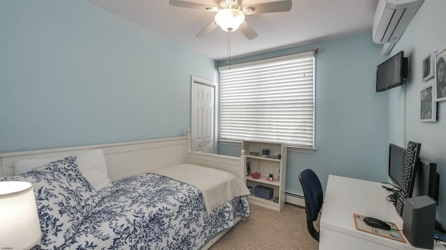 bedroom featuring ceiling fan, a baseboard heating unit, a wainscoted wall, carpet flooring, and a wall mounted air conditioner