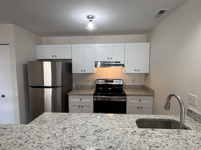 kitchen featuring visible vents, appliances with stainless steel finishes, white cabinets, a sink, and under cabinet range hood