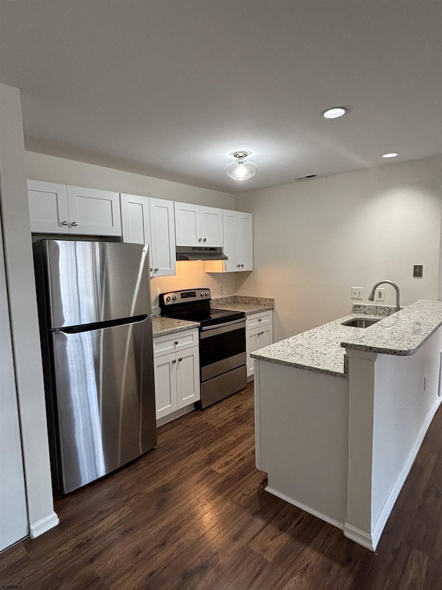 kitchen with stainless steel appliances, dark wood-type flooring, a sink, light stone countertops, and under cabinet range hood