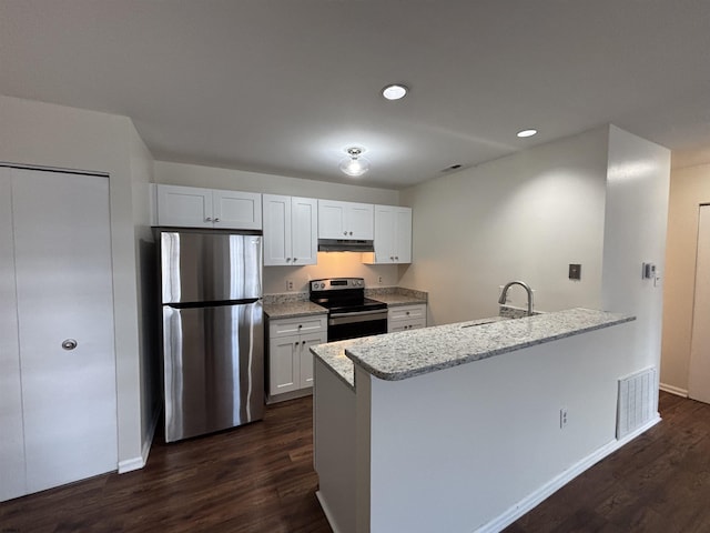 kitchen with under cabinet range hood, stainless steel appliances, a peninsula, dark wood-style flooring, and a sink