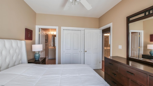 bedroom featuring ceiling fan, a closet, and connected bathroom