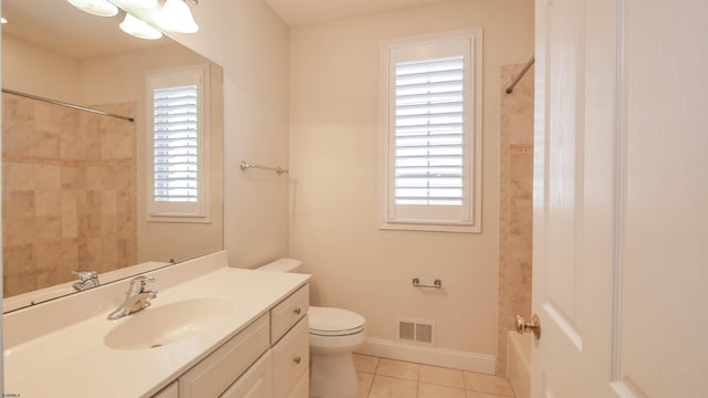 full bathroom featuring toilet, a shower, tile patterned flooring, and visible vents