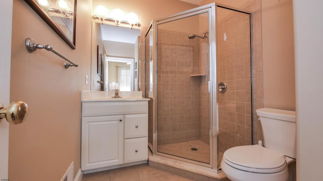 bathroom featuring visible vents, toilet, a shower stall, vanity, and tile patterned flooring