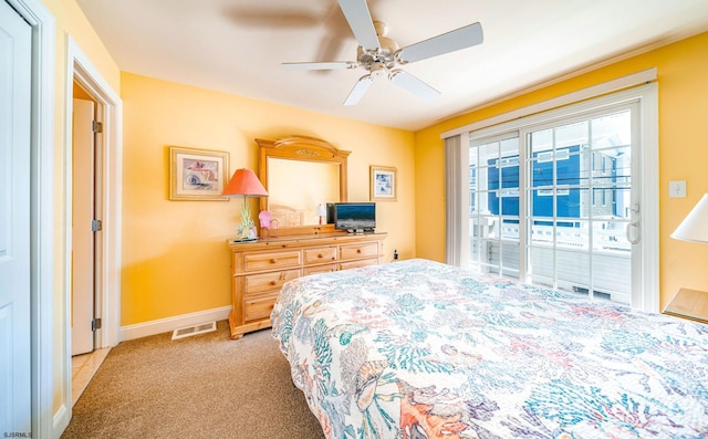 bedroom with light carpet, visible vents, baseboards, ceiling fan, and access to outside