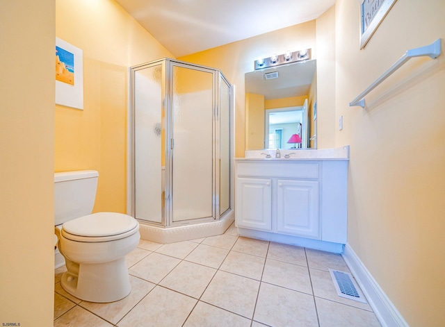 full bath with toilet, a stall shower, tile patterned flooring, and visible vents