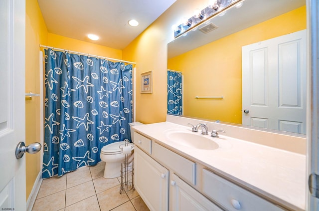 bathroom with visible vents, a shower with shower curtain, toilet, tile patterned flooring, and vanity