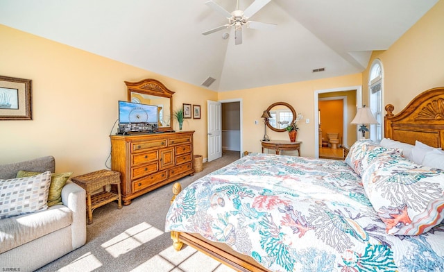 bedroom featuring high vaulted ceiling, light carpet, ceiling fan, and visible vents