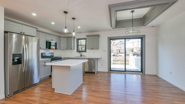 kitchen featuring dark wood-style flooring, a tray ceiling, stainless steel appliances, light countertops, and a sink