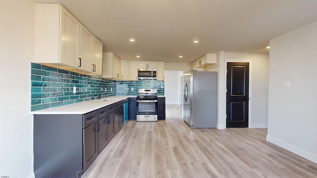 kitchen with light wood finished floors, a sink, stainless steel appliances, light countertops, and backsplash