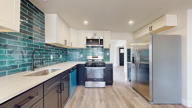 kitchen featuring light stone counters, a sink, appliances with stainless steel finishes, white cabinetry, and backsplash