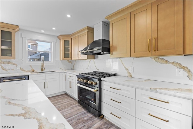 kitchen with a sink, exhaust hood, glass insert cabinets, light stone countertops, and high end range