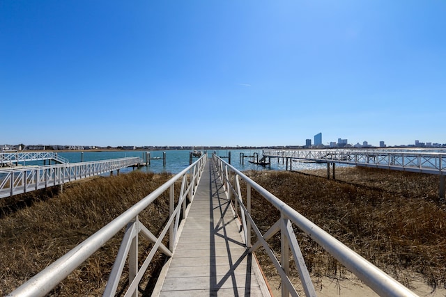 dock area with a pier and a water view