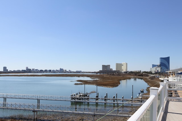 view of water feature with a view of city