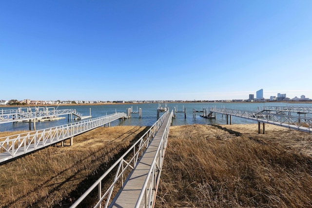 view of dock with a water view