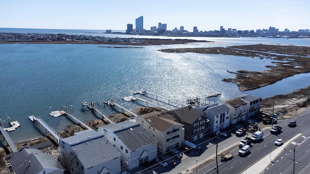 bird's eye view with a city view and a water view