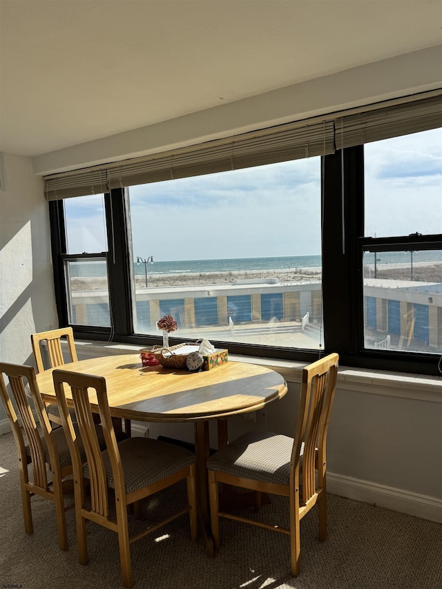 dining space featuring carpet, baseboards, and a water view