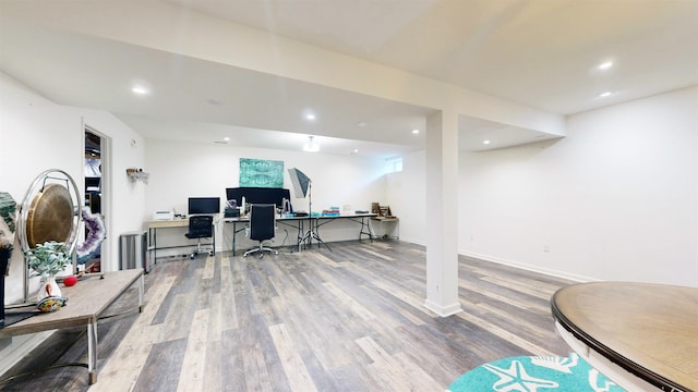 office with recessed lighting, baseboards, and wood finished floors