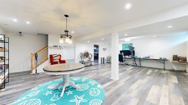 interior space with stairway, recessed lighting, and wood finished floors