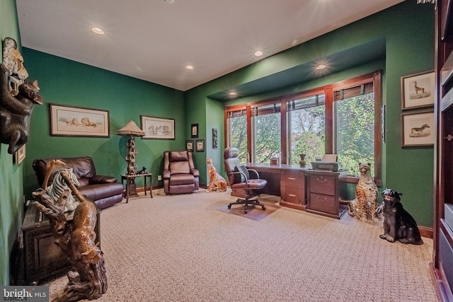 office space with recessed lighting and carpet floors