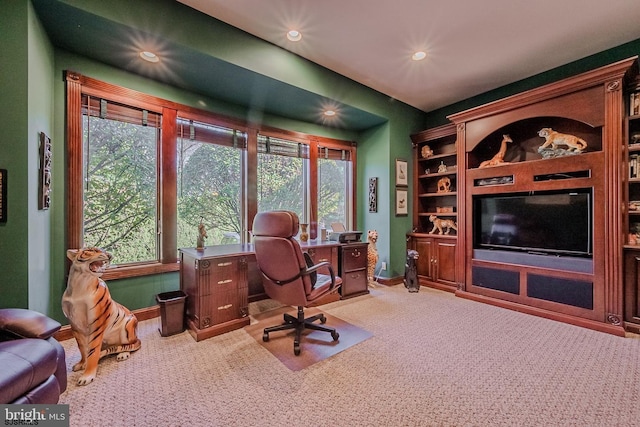 carpeted home office featuring recessed lighting and baseboards