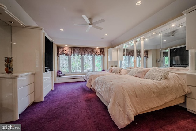 bedroom with recessed lighting, a ceiling fan, and dark colored carpet