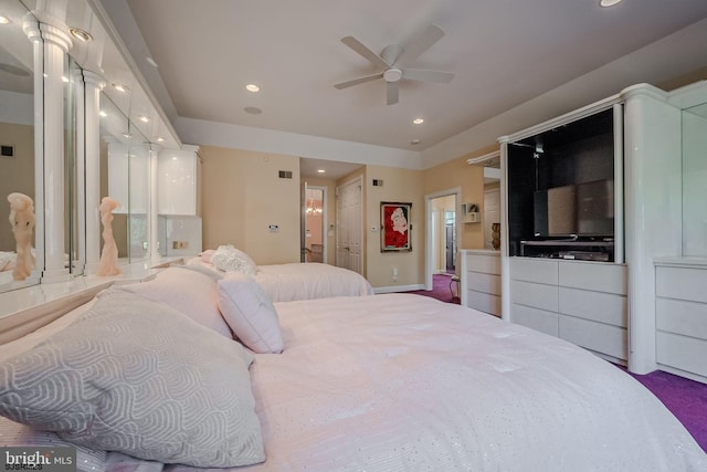 bedroom featuring recessed lighting, connected bathroom, visible vents, and a ceiling fan