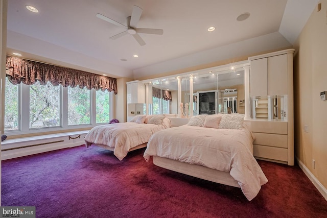 bedroom featuring dark colored carpet, baseboards, a ceiling fan, and recessed lighting