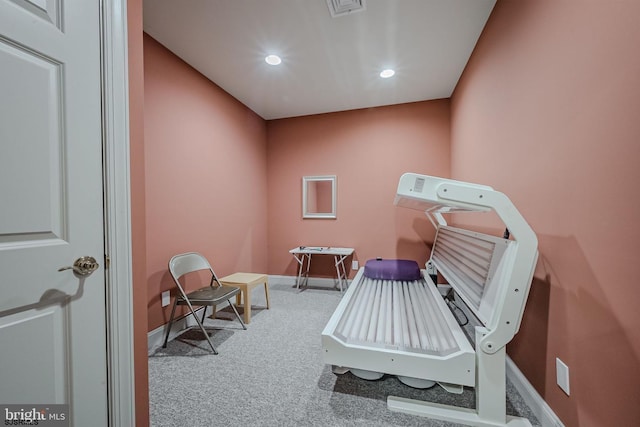 miscellaneous room featuring carpet flooring, recessed lighting, baseboards, and visible vents