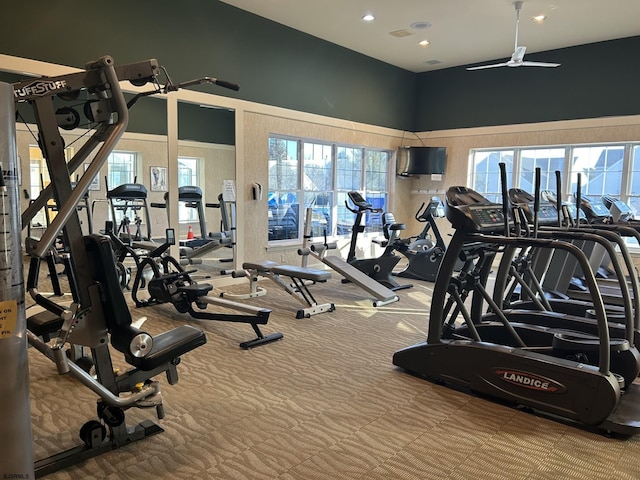 gym with carpet and ceiling fan