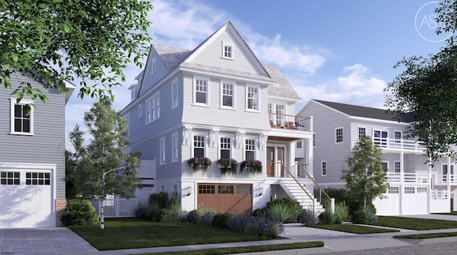 view of front of house with a garage, a balcony, stairway, and a front yard