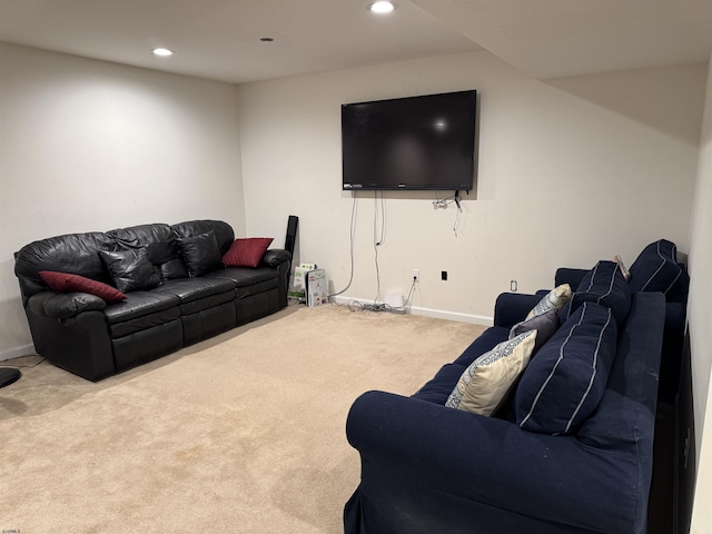 living area featuring carpet flooring, recessed lighting, and baseboards