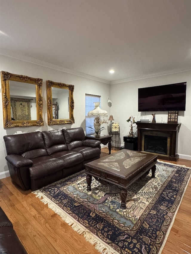 living room featuring wood finished floors, recessed lighting, a fireplace, crown molding, and baseboards