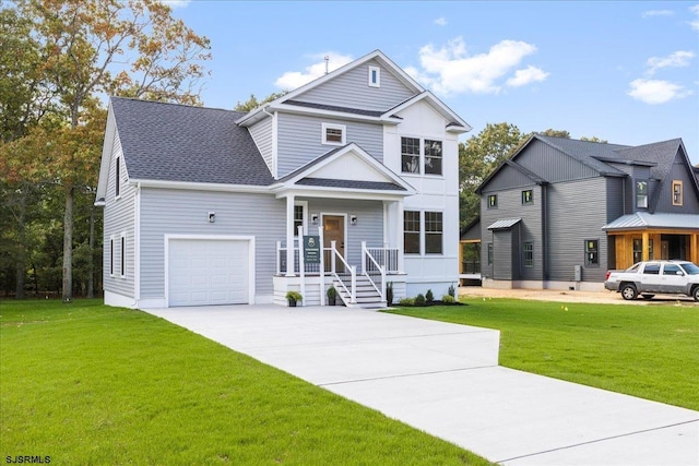 view of front of home with a front lawn, an attached garage, concrete driveway, and roof with shingles