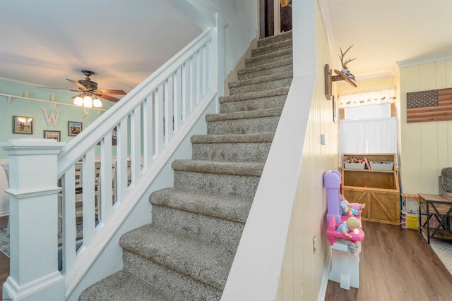 stairs featuring a ceiling fan and wood finished floors