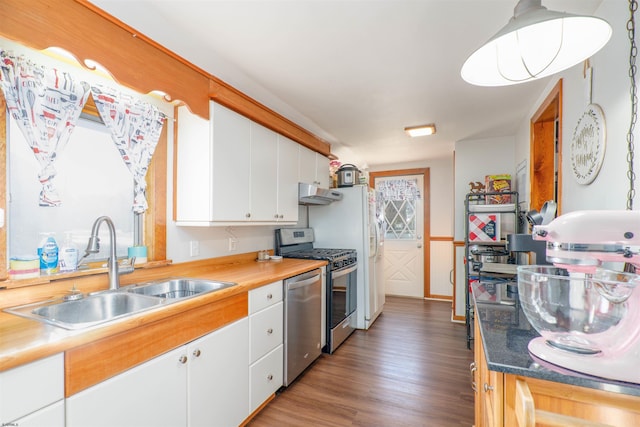 kitchen featuring white cabinets, appliances with stainless steel finishes, wood finished floors, and a sink