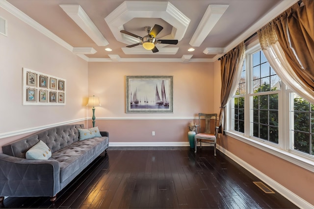 sitting room featuring a ceiling fan, baseboards, recessed lighting, ornamental molding, and hardwood / wood-style flooring