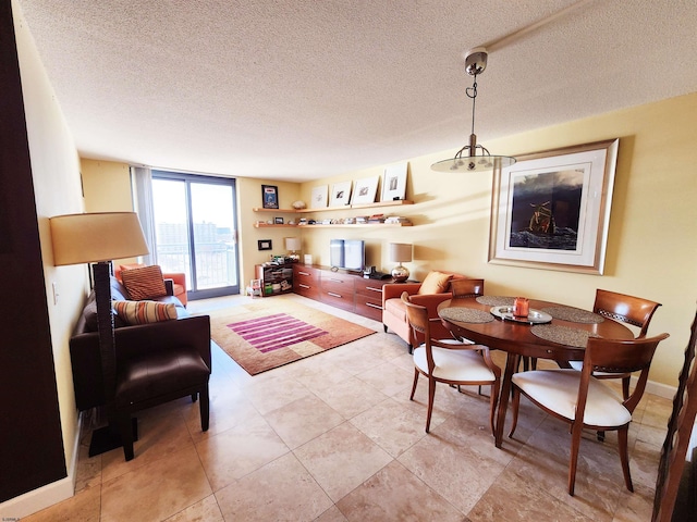 dining room featuring floor to ceiling windows, a textured ceiling, and baseboards