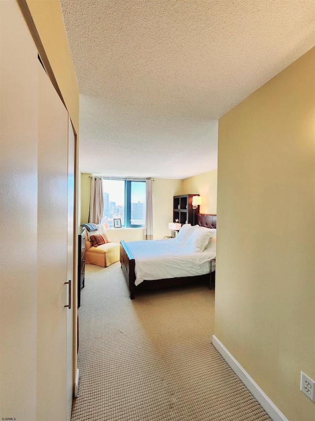 bedroom featuring baseboards, carpet floors, a textured ceiling, and a closet