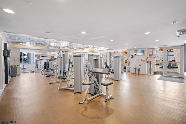 workout area with recessed lighting