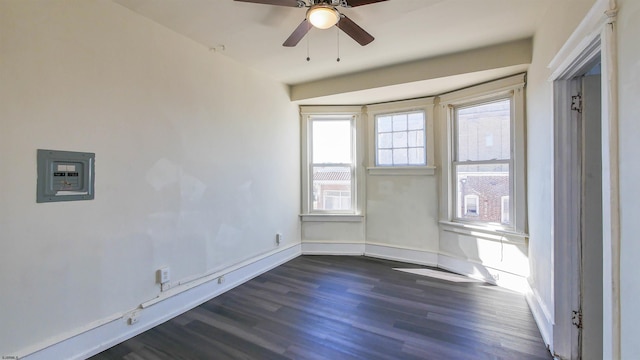 empty room featuring electric panel, a ceiling fan, baseboards, and dark wood-style flooring