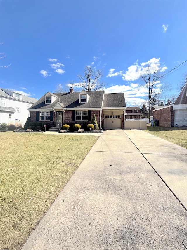 view of front of home featuring brick siding, a front lawn, concrete driveway, roof with shingles, and a garage